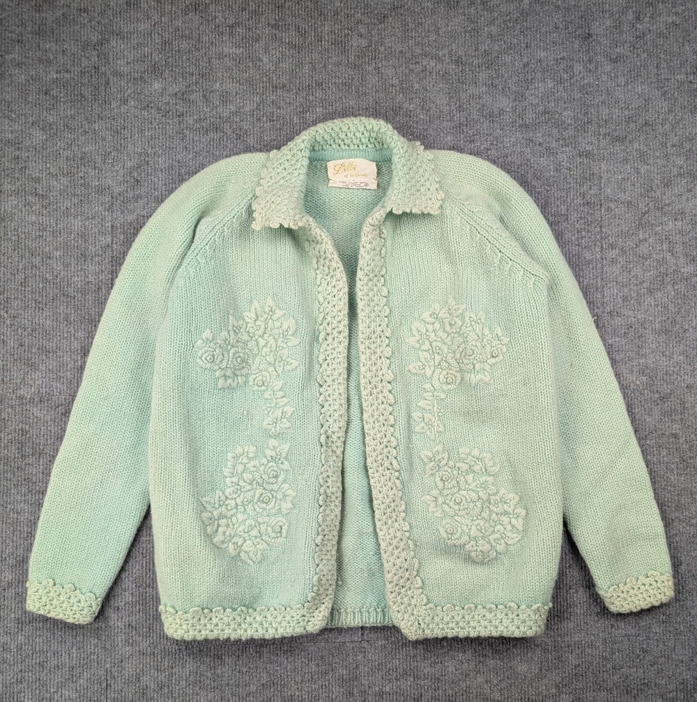 Lilly Of California Sweater Womens 42 Wool Cardigan Floral Embroidery Retro 80s